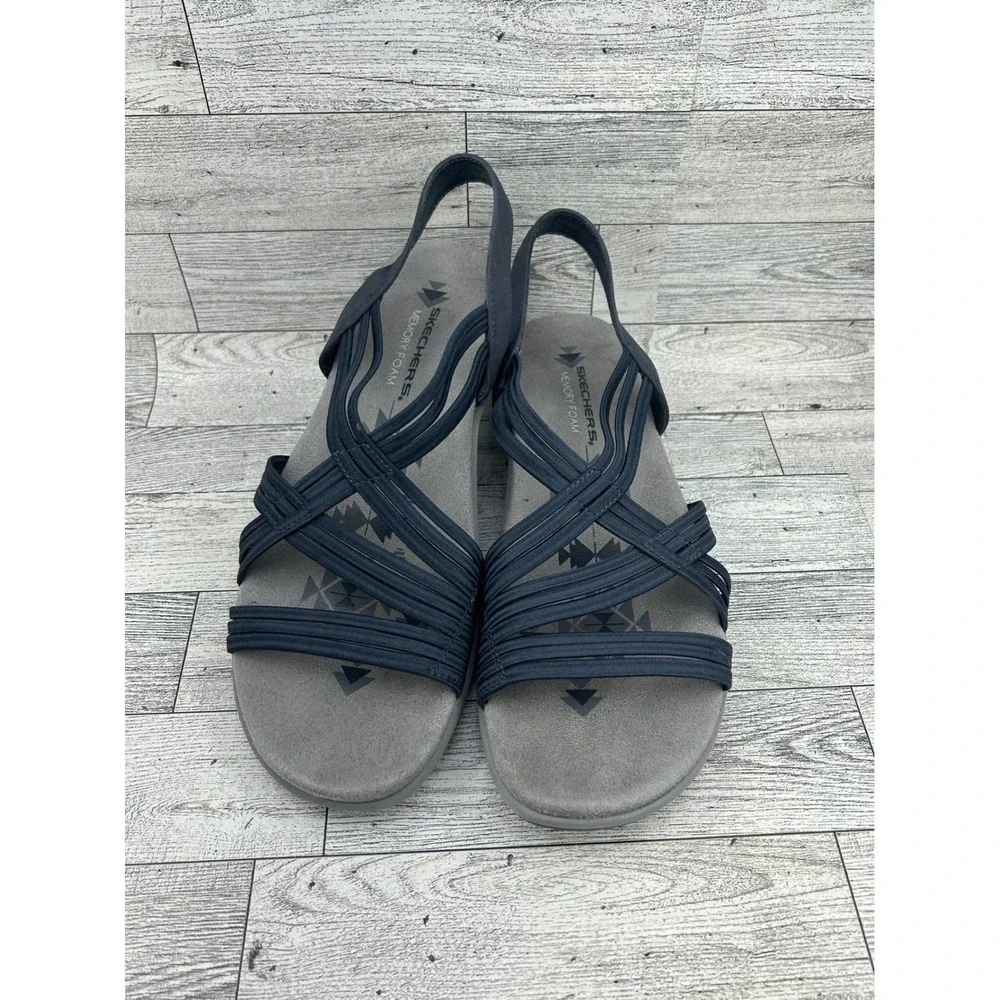 Skechers Reggae Slim Vacay Navy Blue Strappy Memory Foam Sandals Women Sz 8